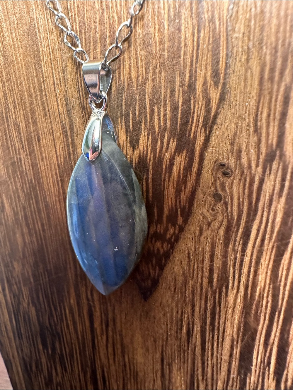 Blue Labradorite Marquise Shaped Pendant Necklace on Stainless Steel Chain - Picture 13 of 16